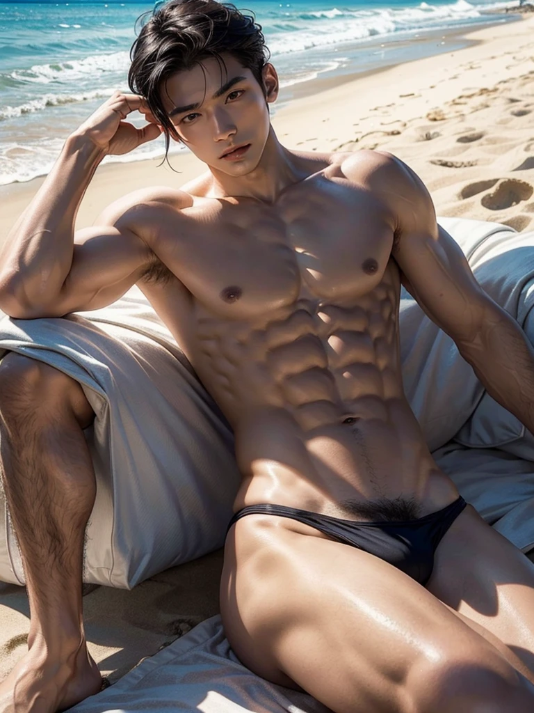 Masterpiece, Best Quality, Solo, Asian Model Men, muscular, white skin, smooth underarm, beach background, lying, good lighting, Natural eyes, Short and delicate black hair, Sexy Man, looking at the viewer, shirtless, sexy bikini, Small plots, Muscular posture, pubes