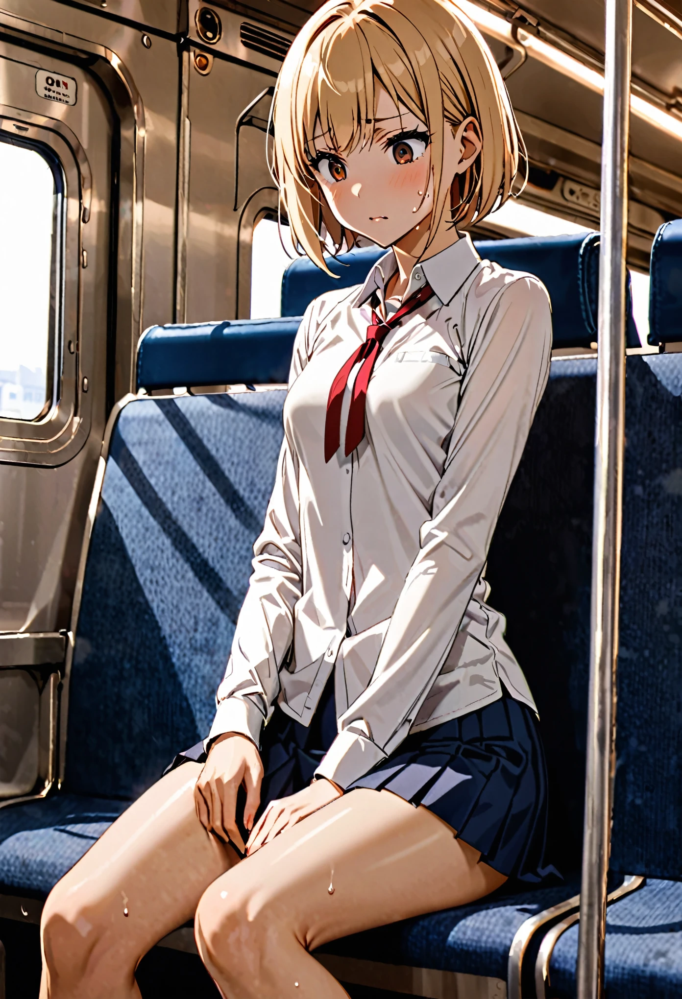 1 female,The perfect 20 years old,gal,((ideal ratio body proportions:1.3,small head:1.7)),tan skin,(((high quality anime, 8k,masterpiece,Perfect Anatomy))),after sex,(beautiful detailed face and eyes,gorgeous eye:1.3),  BREAK  ,brown eyes,  BREAK  ,blonde hair,short bob hair,bangs,  BREAK  ,Fatigue,Hollow Eyes,Look down、cowboy shot,small breasts,slender body,toned body,skinny,sweat,  BREAK  ,、White collared shirt、Long sleeve、Red ribbon tie、Navy blue pleated itting,Inside the train,sitting、seat、Asahi、