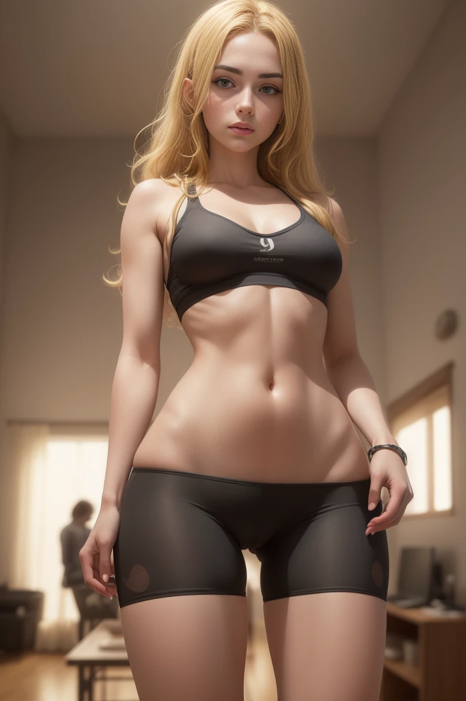 (((ultra realistic, ultra detailed, The best quality, 8k, HDR))), ((flat woman, tight underwear, skinny body)), (cameltoe, blonde), room