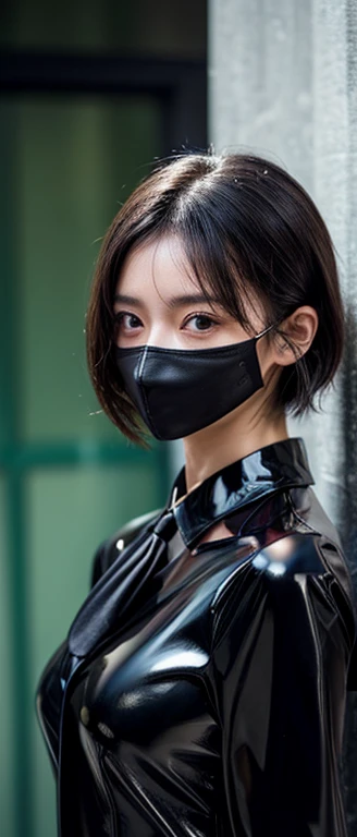 (((8K. HDR.Surrealism、Masterpiece 1.2、Wallop1、Movie、detailedice、On-site photo 1.2, Highest Quality 1.2、 Very detailed、Very detailed、Perfect Shadow、Low angle full body shot 1.2、1 photo、Commercial Photography 1.2、50 mm 、Film Grain、))). (Japanese women、20Year)、(Tired face、freckle、Dark circles、Darkening under the eyes)(Simple background、Dark green background)(Black enamel mask)(Skinny black patent leather suit、Skinny black patent leather suit、Bright black enamel set、A black enamel suit,Perfectly show your body lines、High heel、Sweating training、Wear a latex mask)、(Focus on the role、Blurred Background)、 (Blackout lighting、standing posture、Viewed from the front、Take a full body photo)、(Black Hair、Short Bob、tie your hair up、Straight bangs)(Small Breasts、Small Breasts、Sweating skin、Sweating, Glowing skin、White skin、Realistic skin、skin with velvet、Small Breasts)
