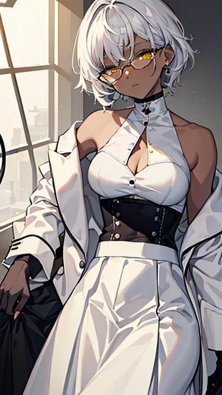 (highest quality、masterpiece:1.2) 1 woman, (Dark skinned woman), short hair, white hair, yellow Eyes, (little glasses), ((white tailored jacket, black shirt, long skirt)), sharp eye, (cleavage), little earring, (off shoulder), leather gloves, domino mask, pose, skirt hold, aroused, small breasts, messy hair,