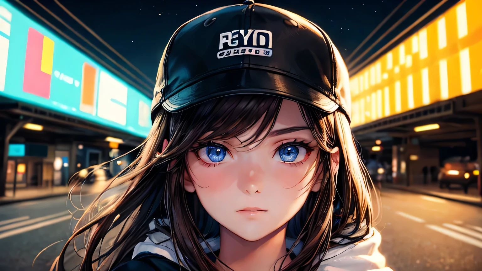 (oil, masterpiece, highest quality, Super detailed, Focus on the characters), One 30-year-old woman,Brown Hair,Large black hoodie,Plain black baseball cap,Detailed hair depiction,Neon Light,([return:0.8]|[ face facing returnwards:1.1]), ,([Night neon city scenario:1.2]|[ ground:1.3]| [High Contrast:1.1])  