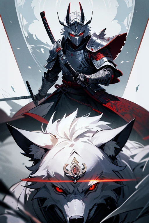 masterpiece、Wolf Knight, Fine Armor, Intricate Design, Silver, silk,8k, sharp、View your audience、Red eyes、Create with this image in mind、Samurai Armor、