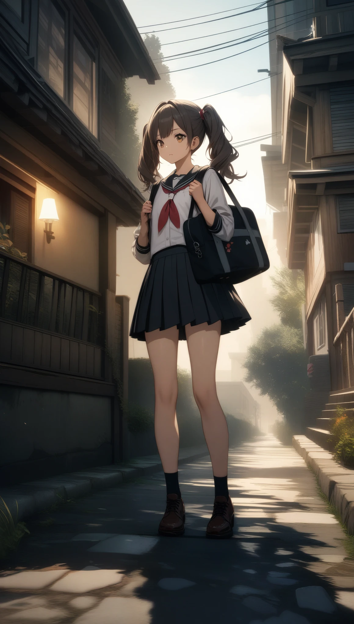 32k, best quality, ultra high res, HDR, UHD, extremely detailed CG, unity 32k wallpaper, One girl, Are standing, deadline_hideadlinex style, Home, , school bag, Twin tails, car, carrying bag,