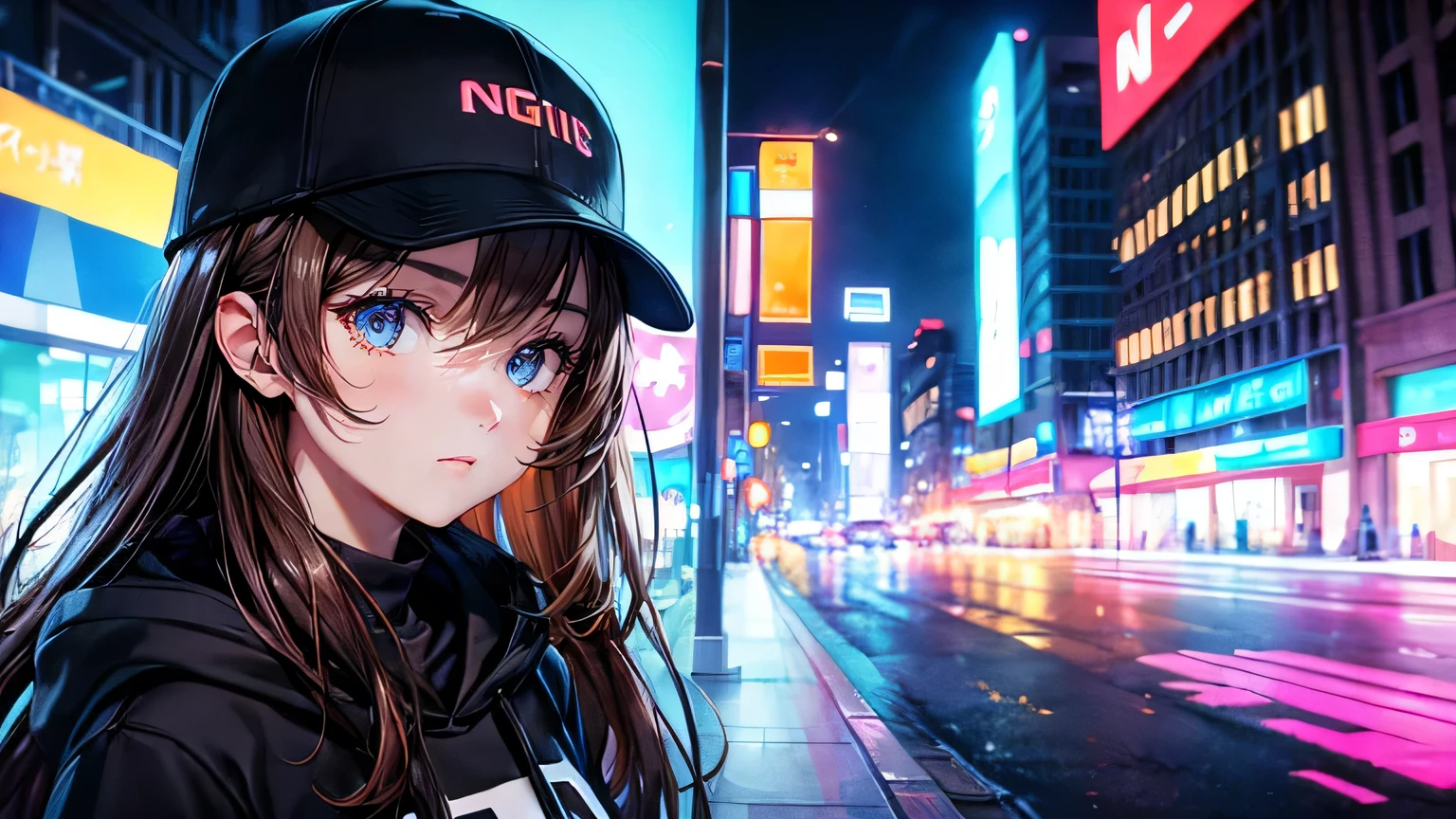 (oil, masterpiece, highest quality, Super detailed, Focus on the characters), One 30-year-old woman,Brown Hair,Large black hoodie,Plain black baseball cap,Detailed hair depiction,Neon Light,([return:0.8]|[ face facing returnwards:1.1]), ,([Night neon city scenario:1.2]|[ ground:1.3]| [High Contrast:1.1])  