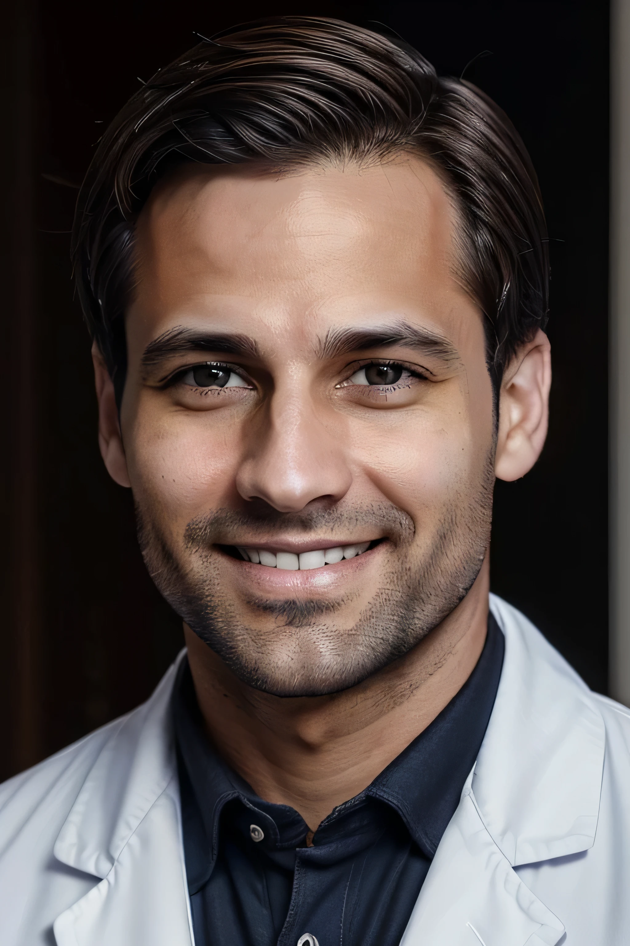 A male doctor with brown hair, black eyes, smilling, frontal photo like a selfie