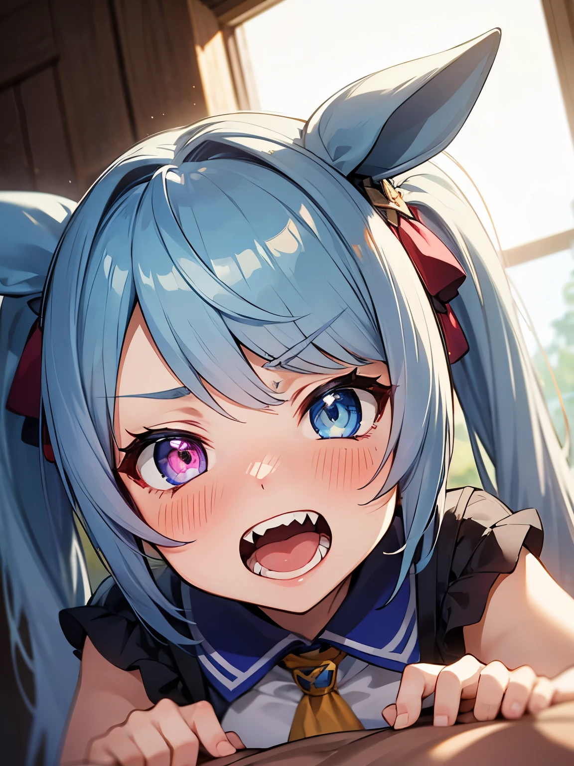 NSFW,Twin_Turbo_Umamusume,Light blue hair、Twin tails、Heterochromia、Purple Eyes、blue eyes、Sharp teeth,Embarrassed,blush,(Adventurer's Clothes:1.5),(Perfect hands),(Perfect Anatomy),(masterpiece),(highest quality),Outdoor,In the forest at night,tent,bonfire,One man,Having sex,Embarrassed,blush,In heat,A wistful look,I feel pleasure,(orgasm:1.3),(Cheating on you:1.3),Having sex,Creampie,Wide-eyed,Cross-eyed,sex slave
