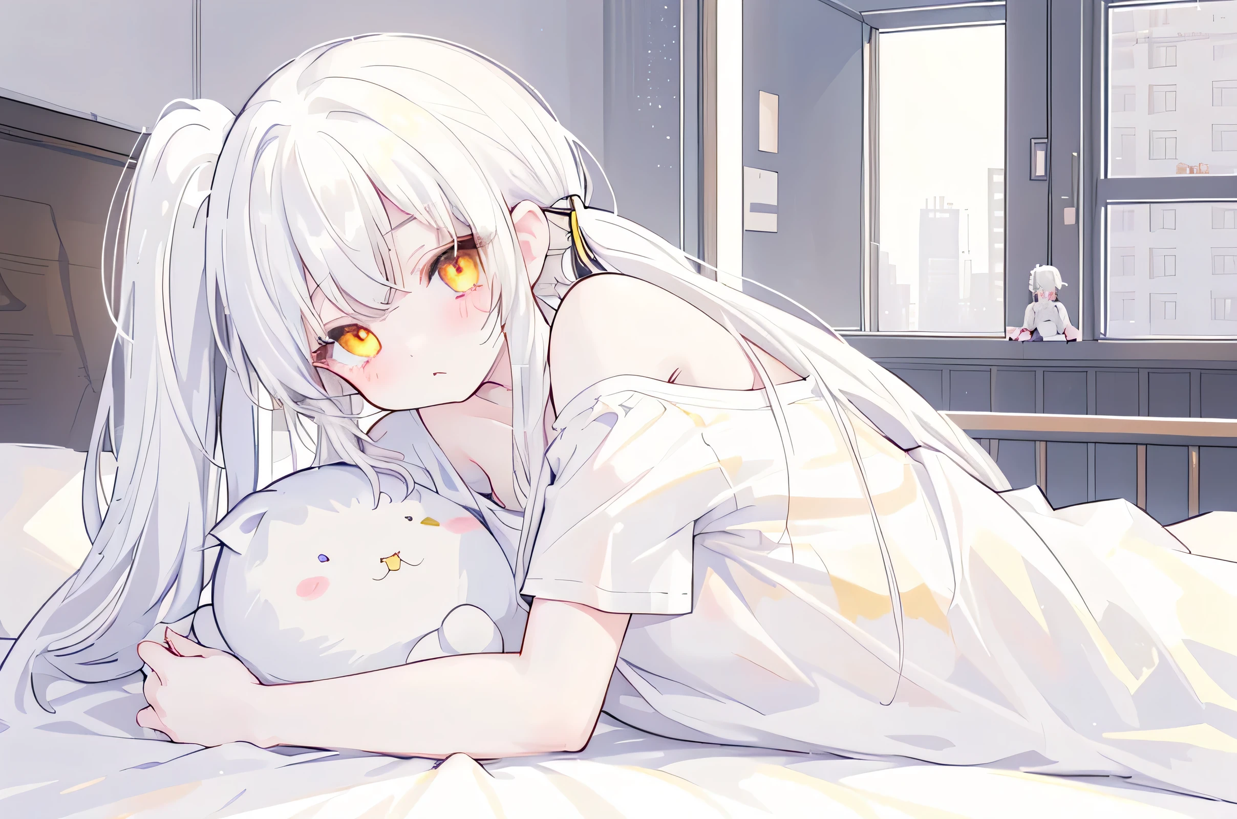 White hair in twin tails、Two beautiful girls、Oversized t-shirt with bare shoulders、blush、Young face、Small breasts、Not wearing underwear、Hug each other and lean forward、Yellow Eyes、On the bed