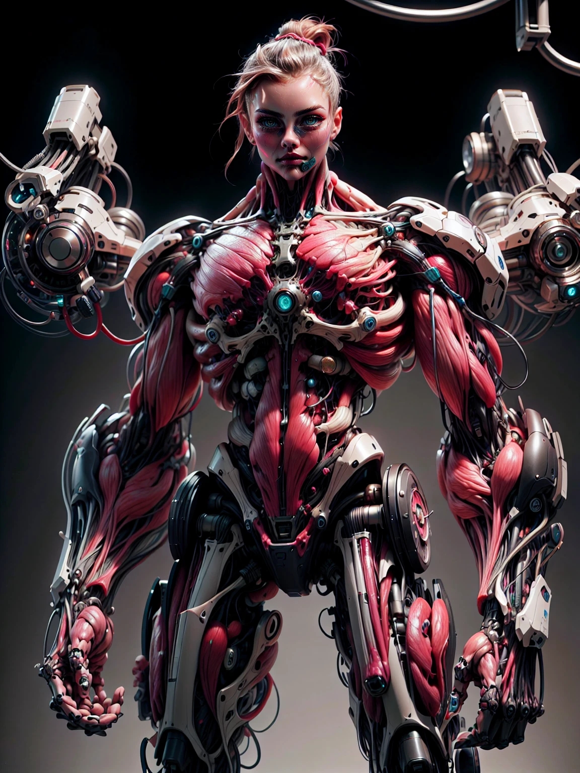(1 girl), (cara delevingne), (muscular android girl wearing a black anatomic cybernetic muscle suit:1.25), (wide shoulders:1.25), (muscular defined physique:1.25), perfect hands, long hair, large breasts, high resolution image, extreme detail, blank background