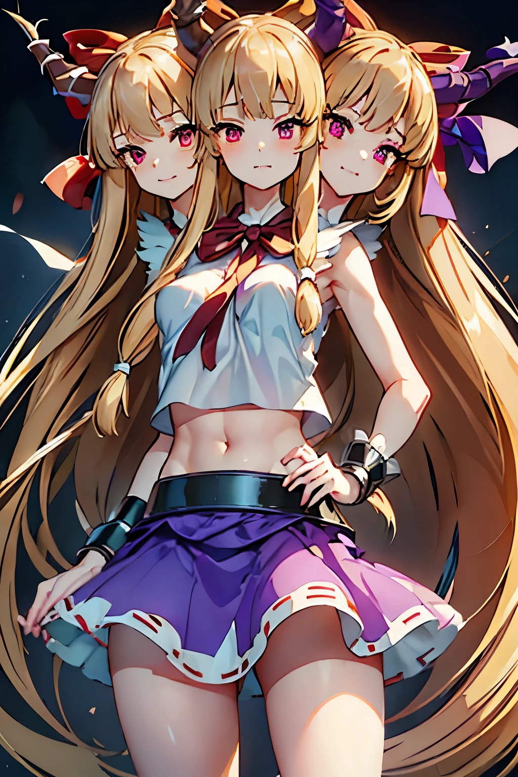 (masterpiece, best quality), best quality, (ultra-detailed), (3heads:1.5), 1girl, (suika ibuki:1.3), masterpiece, (best quality:1.5, highres, UHD), highres, absurdo, ultra detail, ultra quality, Ultra resolution, tattered pale pink top, crop top, ((stomach)), midriff, ((groin)), purple and pink skirt, normal ears, shackles, blonde hair, very long hair, wavy hair, sidelocks, red eyes, detailed eyes, parted lips, sweat, cute, toned belly, hand on own chest, eyelashes, (25 year old woman:1.3), (masterpiece:1.5), (best quality:1.5), (beautiful detailed), extremely detailed CG, extremely delicate and beautiful, depth of field, (finely detailed face), (perfect details:1.2), (mature female:1.3), wide pelvis, slender, large veiny breast, 16k resolution, very high quality, very high definition, extremely detailed, masterpiece, blonde hair, long hair, alluring presence, braid, short skirt, close up, big , young, two long straight oni horns on her head, decorated with ribbons, open belly, nsfw, midriff, (girl with three heads),
