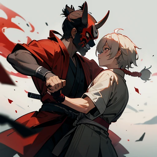 Two samurai, wearing oni masks, fighting against each other