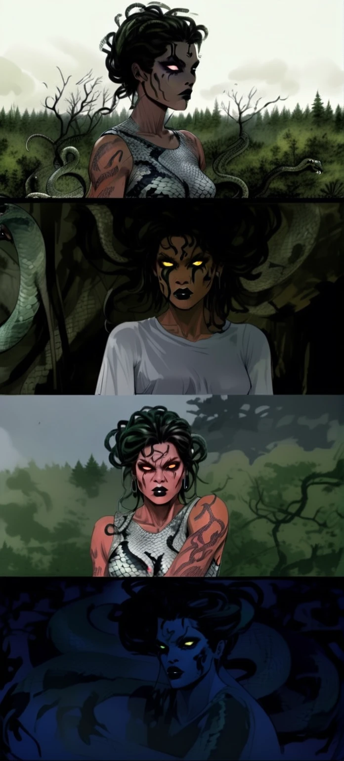 Medusa, colors, bleak muted deep fiery radiant glowing ROYGBIV, splash page decompressed comic cover art, ink style figure, ((expressive Joelle Jones and "Sean Gordon Murphy" comic drawing)), wordless, cinematic poster, double exposure, optical illusion, image within image, abyss void black no visibility darkness, full length portrait, (background, pine barrens, entropy, rewilding, magic hour sunset, galaxy stars, cosmos), (horror, abstract, surreal, body, cosmic), candid, snake skin dress, morphology anatomy drawn Frederic Delavier musculature anatomical illustration, (face, ornate black-metal corpsepaint face paint, resembles Grace Jones), (body, Naga, snakefolk, lower body snake tail, snake woman hybrid, bald, hairless, skeleton, snake skin tattoos, piercing eyes, snake pupils, over the shoulder), (colors, bleak muted deep fiery radiant glowing ROYGBIV, forest green, earth brown), craftsmanship nuance, (Gerardo Zaffino charcoal), subliminal orchids, nyctophobia, silhouette