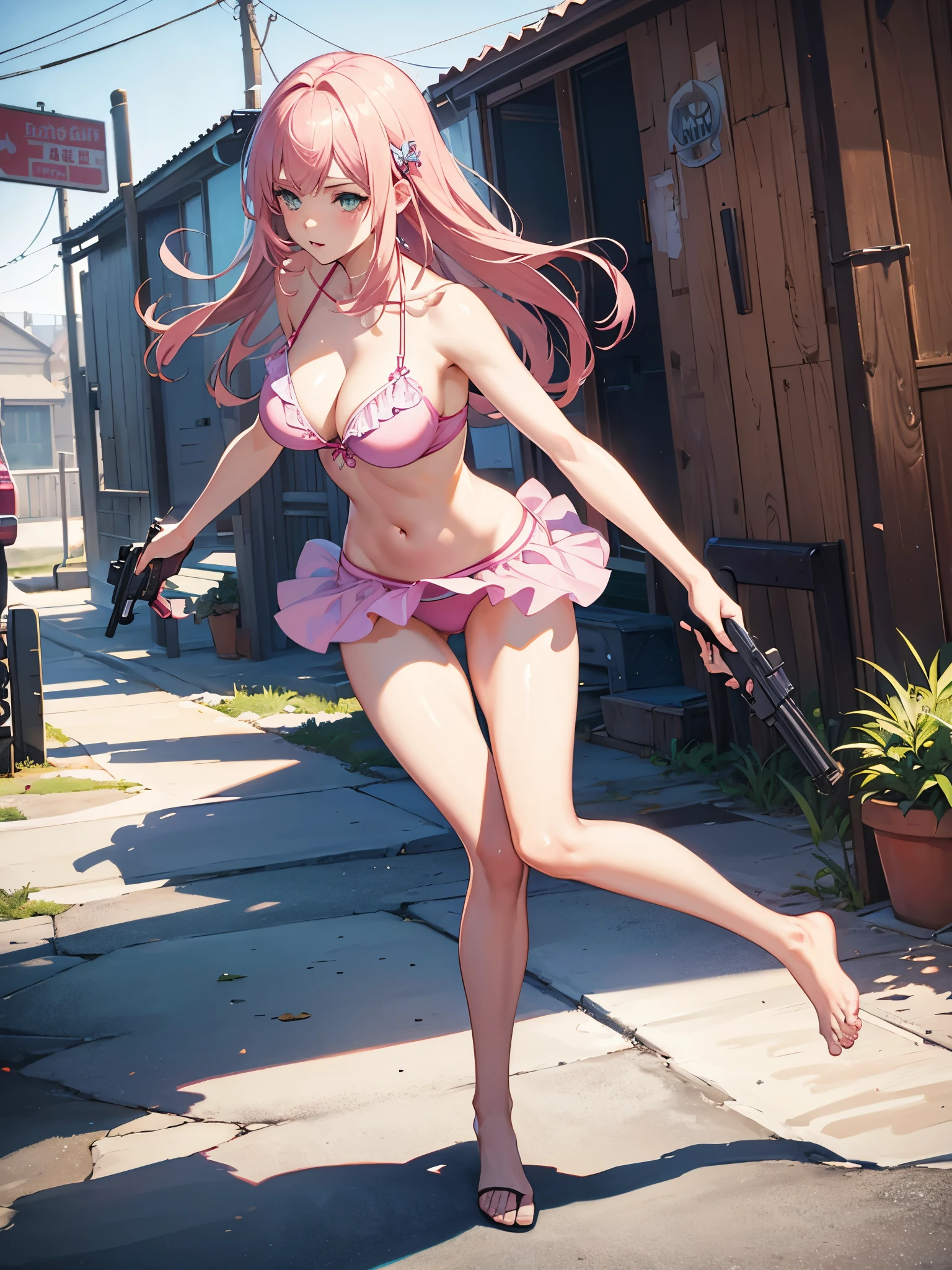 masterpiece, best quality, high resolution, extremely detailed CG, GTA5, 1girl, pink figured bikini, holding gun, pistol, barefoot