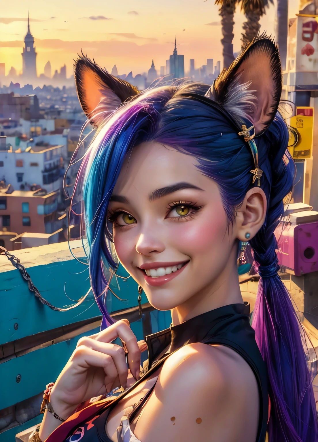 oreja de gato, jinx con sonrisa de loca, ciudad de fondo destruida pero con mucho colores