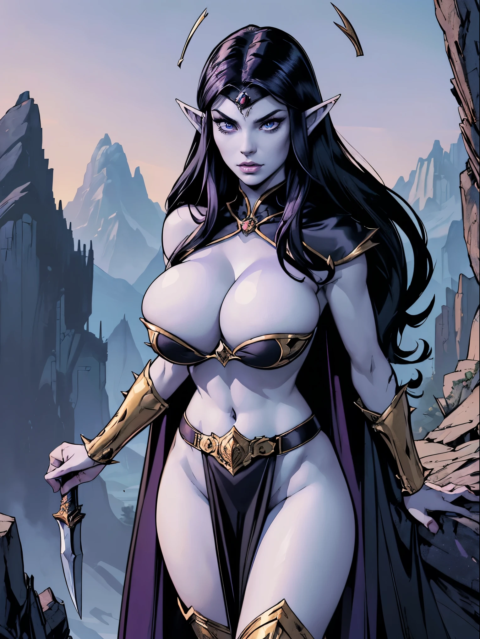 (masterpiece, top quality, best quality, official art, beautiful and aesthetic:1.2), (1girl:1.3), ((Sharp facial features, sharp features, hawkish features)), ((big hair, long elf ears, long black hair)), (((pale purple skin, pale blue skin, blue skin, purple skin))), big tiddy dark elf girl, extremely detailed, portrait, looking at viewer, solo, (full body:0.6), detailed background, full-body shot, (cold night mountain theme:1.1), dark elf war dancer, (spiky winged helmet), charlatan, smirk, mysterious, swaying in mountains, skimpy attire, revealing gladiatrix costume, ebony metal, gold filigree, long boots, dual knives, blood red fabric, pelvic curtain, loincloth, black leather, ((((topless, gigantic breasts, cleavage, skindentation, long legs, pelvic curtain)))), cute belly button, toned tummy, slim waist, slim hips, long legs, medieval (mountain exterior:1.1) background, dark mysterious lighting, shadows, magical atmosphere, dutch angle