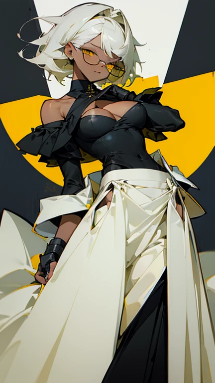 (highest quality、masterpiece:1.2) 1 woman, (Dark skinned woman), short hair, white hair, yellow Eyes, (little glasses), ((white tailored jacket, black shirt, long skirt)), sharp eye, (cleavage), little earring, (off shoulder), leather gloves, domino mask, pose, skirt hold, aroused, small breasts, messy hair,