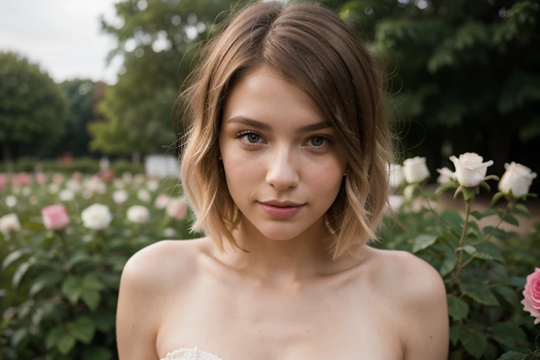 8k, RAW photo, Fujifilm, style photo of a beautiful young woman as avril in a garden of light pink roses (highly detailed skin: 1.2) Style-Petal BREAK short hair, blonde hair with colored locks, film granulation, 35mm, glamor style