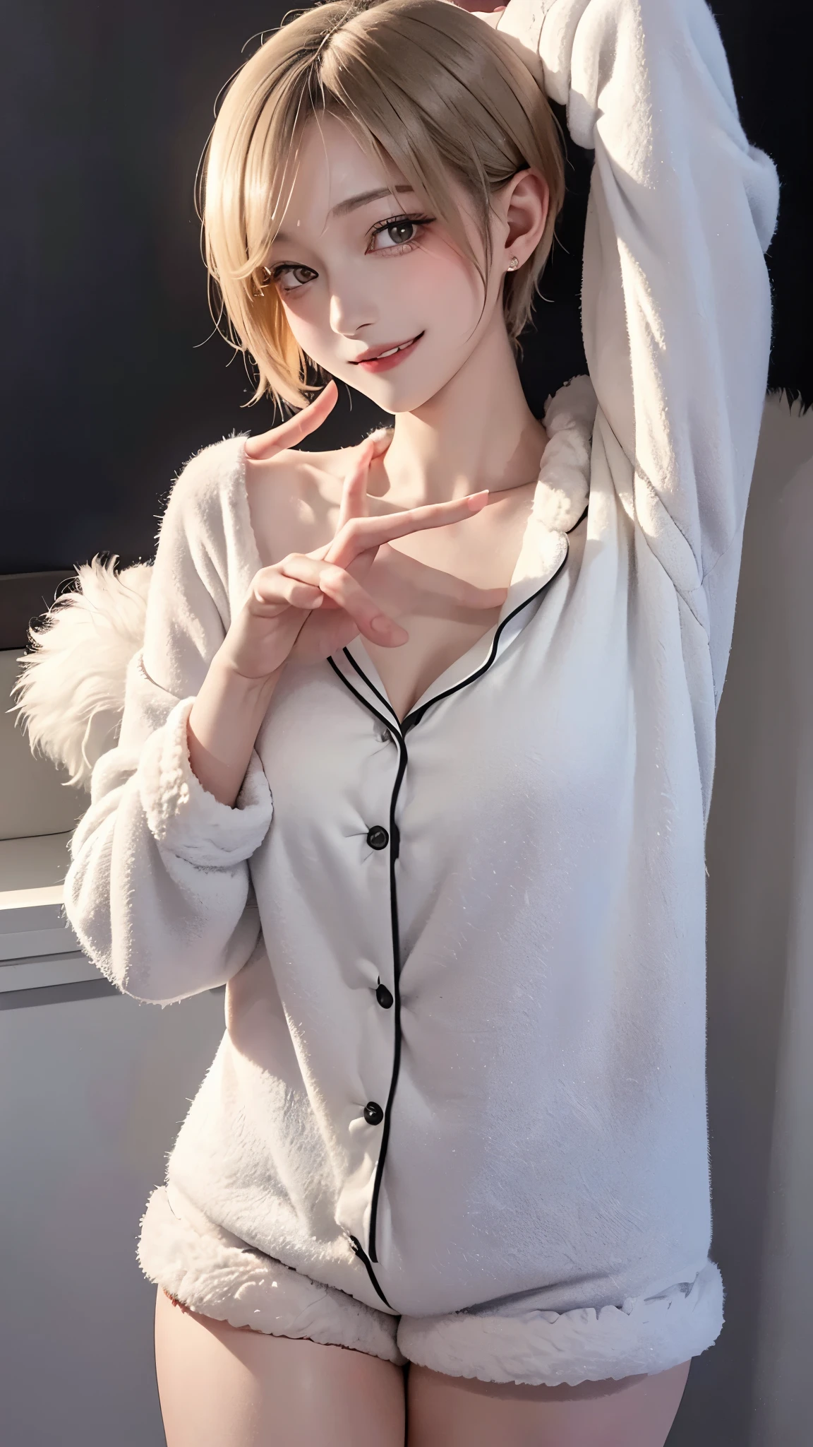 (masterpiece, highest quality, highest quality, Official Art, beautifully、aesthetic:1.2, Cinema Lighting、Key light at 45 degrees from the front, Subsidy light、Soft Backlight),
Beautiful face、Perfect round ass、the body is slim、Fit and body、Pale skin、Shiny, Bright Eyes、length eyelashes、
1 girl、alone、
accurate to the human body、Correct five-finger、Perfect human body、Knowledgeable person、Highly detailed face and skin texture、Natural neck length、(beautiful Hands)、beautiful, length, Thin legs、straighten both legs、Stretch out your arms、
Perfect human body、Accurate human body、A perfect and accurate left hand、A perfect and accurate right hand、Perfect and precise fingers、
,Earrings,Big cleavage、
slim, (kind, Goddess-like eyes, happiness: 1.2), (Lip gloss, eyelash, Terrible face, highest quality, Ultra-high resolution, Wide Lighting, Natural Shading), Absolute area、
(((All of these pajamas are made from super fluffy fleece material.:1.8, zetai ryoiki, All of these pajamas are made from super fluffy fleece material. Mini shorts:1.3, Thick white horizontal stripes))),
Detailed Background、
Background Blur、Detailed and beautiful background
((Random hand gestures)),
Blonde pixie short hair、
Accurate 5-finger、Accurate human body、The perfect human body、
A room with a living feel、(((Big Breasts))),Dark bedroom、Luxury Love Hotel、Bold Pose、Sexy、Sensually、Ecstatic Face、To be spoiled and fawning、Wide legged、(Sensual ecstatic smile:1.5)