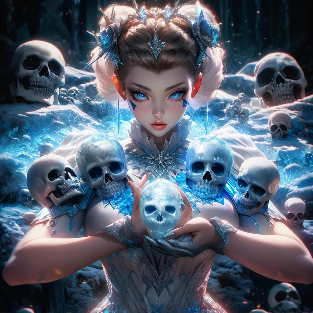 (best quality, highres, ice skull:1.1), ice skull, girl style, thick body art, detailed facial features, icy blue eyes, glossy lips, long eyelashes, porcelain skin, blue and silver color scheme, intricate skull design, realistic texture, vibrant colors, elaborate background, mysterious atmosphere, frozen garden, snow-covered trees, sparkling ice crystals, surreal lighting, fantasy elements
