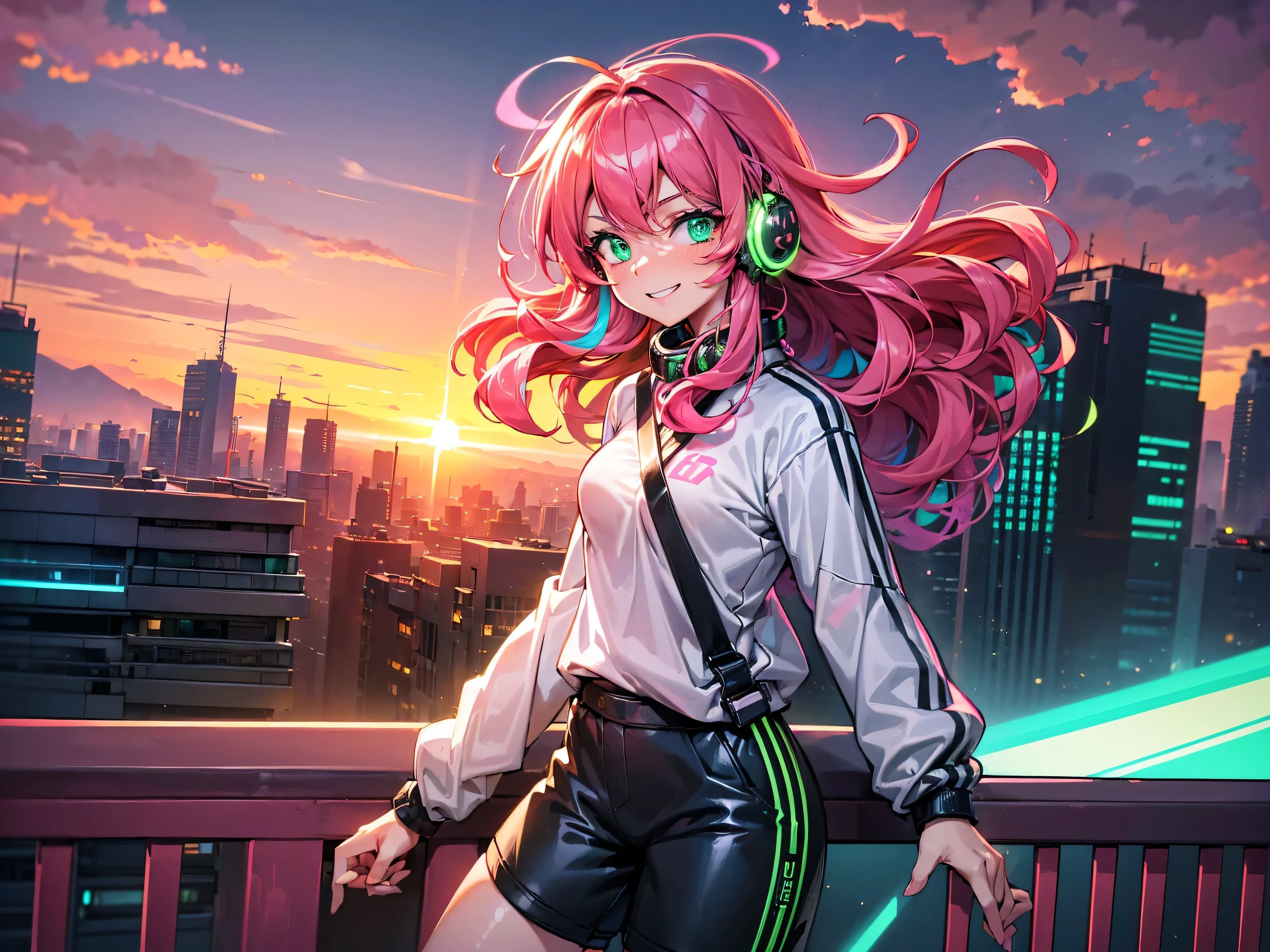 masterpiece:1.4, 1girl ((20year old, dressed in long sleeve shirt, tight black shorts, sneakers, medium breasts, multicolor pink hair, curly long hair, green eyes:1.4, Wearing headphones, happy, smiling, standing on a balcony:1.1 tall sci-fi buildings in background:1.1, neon and energetic atmosphere:1.2)) ((sunset)) (close up shot)) ((solo:1.6))
