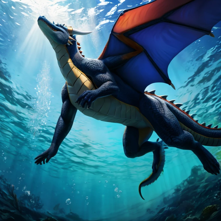 Underwater, deep underwater, aquatic dragon swimming overhead, looking at dragon from below, body like an alligator, large powerful tail, swimming with tail, full body
