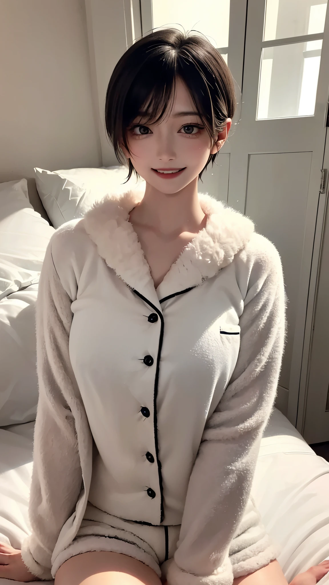(masterpiece, highest quality, highest quality, Official Art, beautifully、aesthetic:1.2, Cinema Lighting、Key light at 45 degrees from the front, Subsidy light、Soft Backlight),
Beautiful face、Perfect round ass、the body is slim、Fit and body、Pale skin、Shiny, Bright Eyes、length eyelashes、
1 girl、alone、
accurate to the human body、Correct five-finger、Perfect human body、Knowledgeable person、Highly detailed face and skin texture、Natural neck length、(beautiful Hands)、beautiful, length, Thin legs、straighten both legs、Stretch out your arms、
Perfect human body、Accurate human body、A perfect and accurate left hand、A perfect and accurate right hand、Perfect and precise fingers、
,Earrings,Big cleavage、
slim, (kind, Goddess-like eyes, happiness: 1.2), (Lip gloss, eyelash, Terrible face, highest quality, Ultra-high resolution, Wide Lighting, Natural Shading), Absolute area、
(((All of these pajamas are made from super fluffy fleece material.:1.8, zetai ryoiki, All of these pajamas are made from super fluffy fleece material. Mini shorts:1.3, Thick white horizontal stripes))),
Detailed Background、
Background Blur、Detailed and beautiful background
((Random hand gestures)),
Blonde pixie short hair、
Accurate 5-finger、Accurate human body、The perfect human body、
A room with a living feel、(((Big Breasts))),Dark bedroom、Luxury Love Hotel、Bold Pose、Sexy、Sensually、Ecstatic Face、To be spoiled and fawning、Wide legged、(Sensual ecstatic smile:1.5)