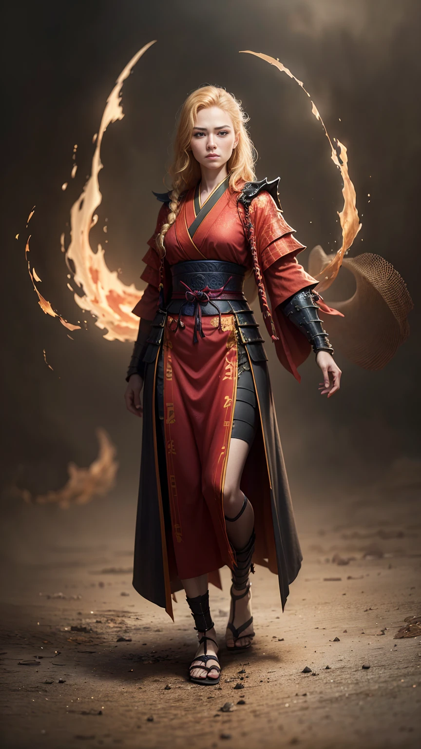 ((full-length photo, standing, feet on the ground))goldhair, red dress, samurai, blur background, future realistic, half body, textured skin, super detail, high details, best quality, highres, 8k 