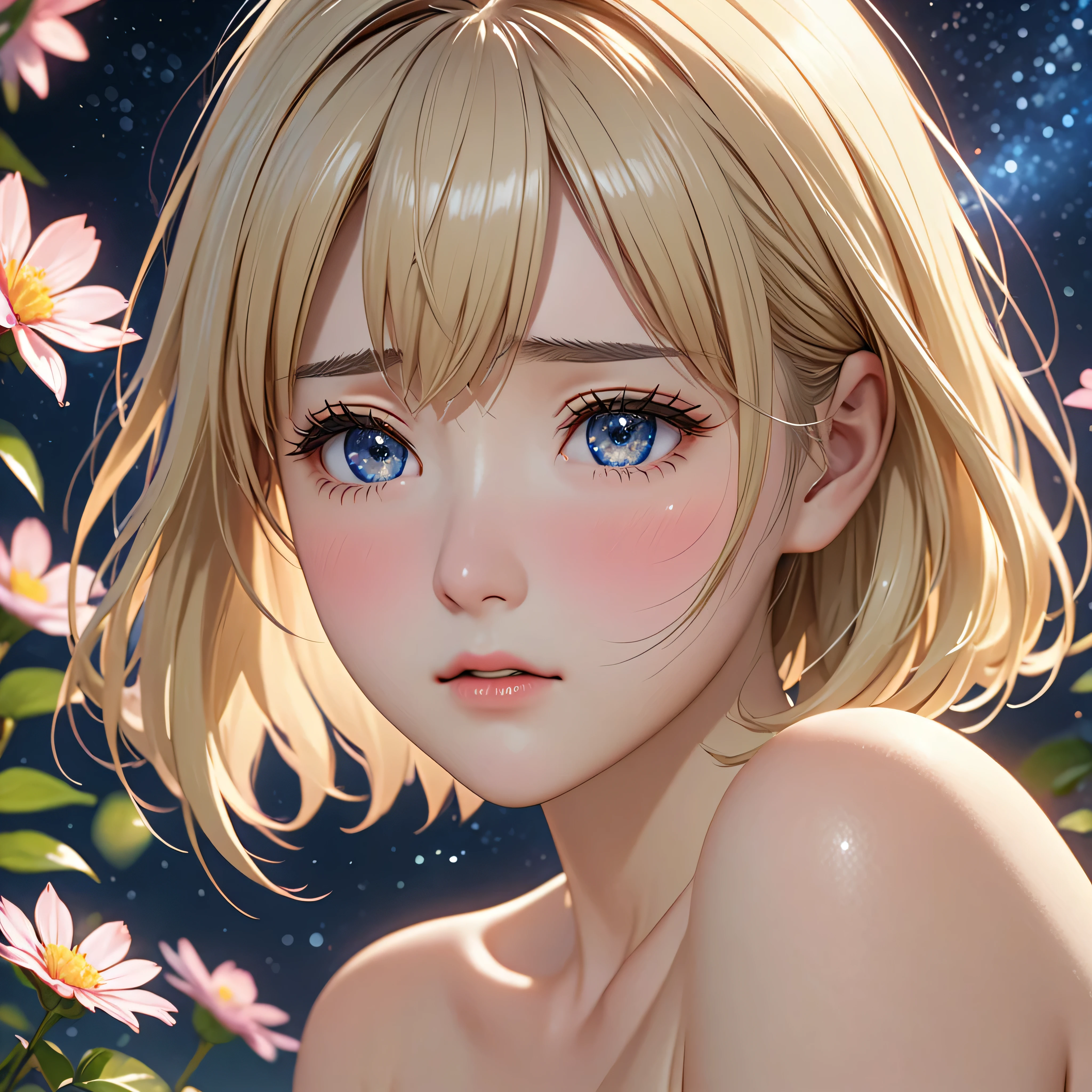 National Science Foundation,masterpiece,High resolution,8K,Art,digit,Three-dimensional,Realism,Kyoto Animation Style,your name movie style,looking into camera,Soft Light,Glowing skin,(Huge breasts:1.2),(1 female: 1.3),(alone: 1.4),(((blonde))),((Naked upper body)),Long eyelashes,Slender legs,Short Bob,Close-up of upper body,Close-up,close view,Flower background,(Eyes as deep as the starry sky),(Shut up),(blush),(shy),(lovely and delicate),(Pitiful),(((sadness)))