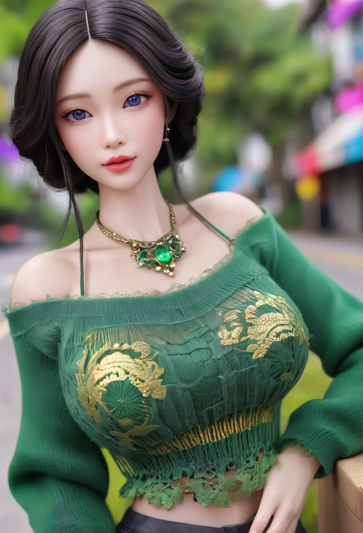 Wavy hair Wavy hair（（（Eyes are very delicate））），（（（Hair accessories））），Necklace，Barbie doll wearing sexy green and gold lace sweater，New Year decorations are everywhere on the road（（（masterpiece）））， （（best quality））， （（Intricate details））， （（Surreal））（8k）