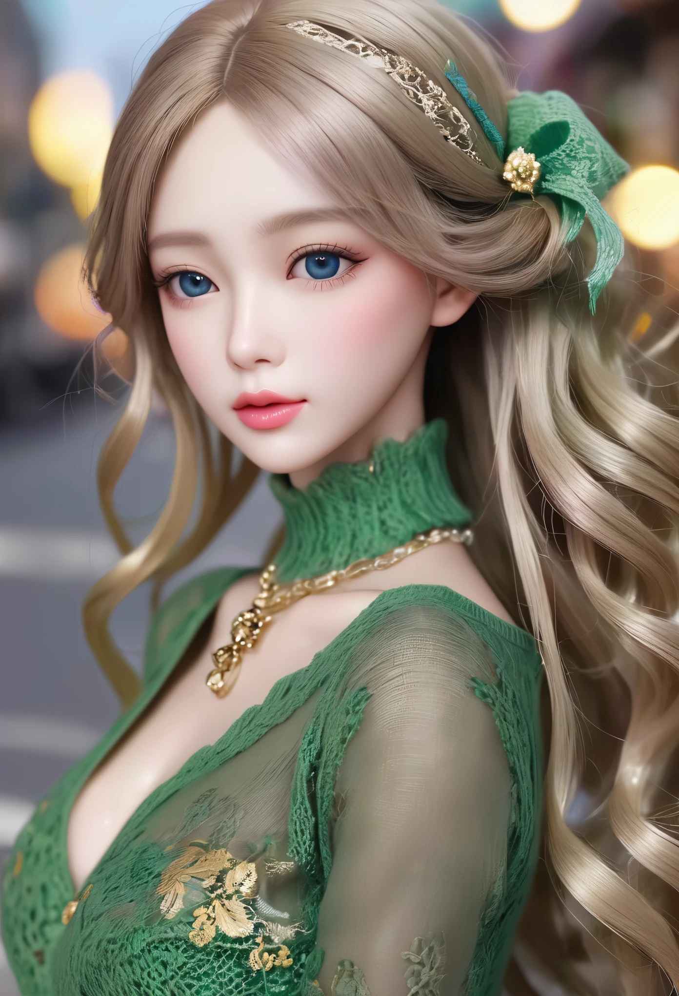 Wavy hair Wavy hair（（（Eyes are very delicate））），（（（Hair accessories））），Necklace，Barbie doll wearing sexy green and gold lace sweater，New Year decorations are everywhere on the road（（（masterpiece）））， （（best quality））， （（Intricate details））， （（Surreal））（8k）