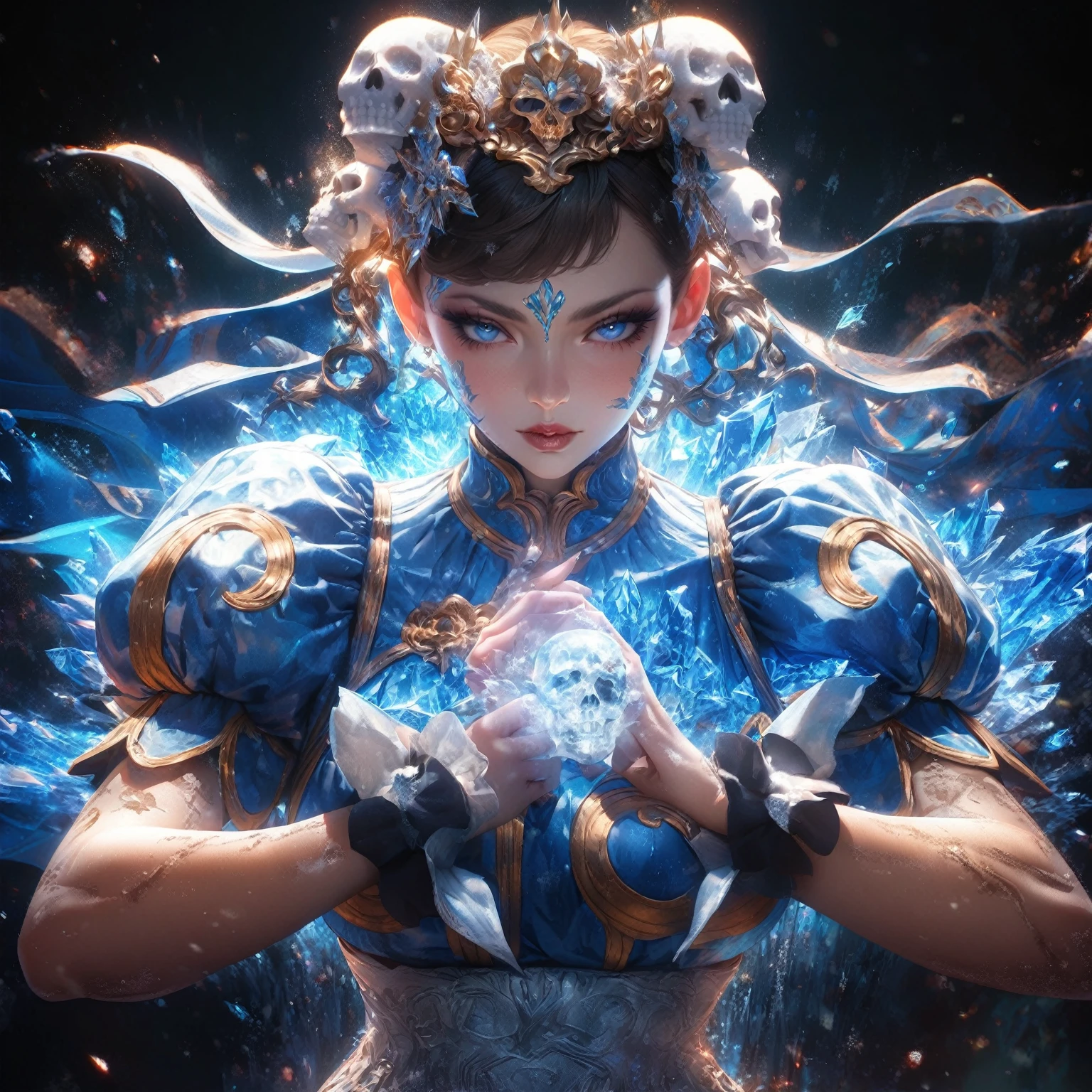 (best quality, highres, ice skull:1.1), ice skull, girl style, thick body art, detailed facial features, icy blue eyes, glossy lips, long eyelashes, porcelain skin, blue and silver color scheme, intricate skull design, realistic texture, vibrant colors, elaborate background, mysterious atmosphere, frozen garden, snow-covered trees, sparkling ice crystals, surreal lighting, fantasy elements
