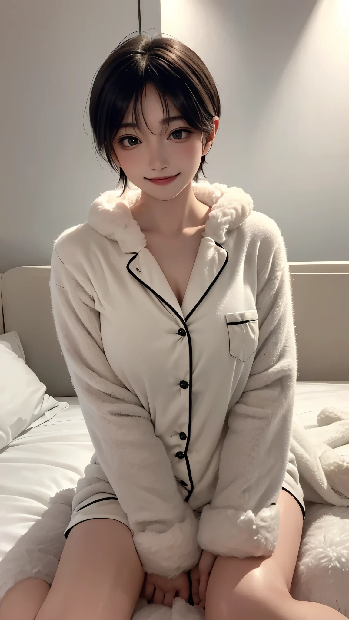 (masterpiece, highest quality, highest quality, Official Art, beautifully、aesthetic:1.2, Cinema Lighting、Key light at 45 degrees from the front, Subsidy light、Soft Backlight), 


Beautiful face、Perfect round ass、the body is slim、Fit and body、Pale skin、Shiny, Bright Eyes、length eyelashes、
1 girl、alone、

accurate to the human body、Correct five-finger、Perfect human body、Knowledgeable person、Highly detailed face and skin texture、Natural neck length、(beautiful Hands)、beautiful, length, Thin legs、straighten both legs、Stretch out your arms、
Perfect human body、Accurate human body、A perfect and accurate left hand、A perfect and accurate right hand、Perfect and precise fingers、


,Earrings,Big cleavage、

slim, (kind, Goddess-like eyes, happiness: 1.2), (Lip gloss, eyelash, Terrible face, highest quality, Ultra-high resolution, Wide Lighting, Natural Shading), Absolute area、

(((All of these pajamas are made from super fluffy fleece material.:1.8, zetai ryoiki, All of these pajamas are made from super fluffy fleece material.  Mini shorts:1.3, Thick white horizontal stripes))), 

Detailed Background、
Background Blur、Detailed and beautiful background


 ((Random hand gestures)), 
Blonde pixie short hair、
Accurate 5-finger、Accurate human body、The perfect human body、

A room with a living feel、(((Big Breasts))),Dark bedroom、Luxury Love Hotel、Bold Pose、Sexy、Sensually、Ecstatic Face、To be spoiled and fawning、Wide legged、(Sensual ecstatic smile:1.5)