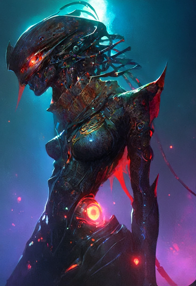 The prompt for the given theme is: "black color, ram's head, Death's scythe, infernal horror, overlooking, tattered clothes, downward gaze, illustrations, highres, ultra-detailed, dark fantasy, sharp focus, vivid colors, dramatic lighting, bokeh". female robot pilot, mechanical creature, electronic wires relays computer nerves, girl face, dystopian surrealism, alex ries zdzisaw beksinski giger, very intricate details, demon chinese female, deep luminous eyes contain galaxies, head contains nebula, deep aesthetic, concept art, carved silver circuits diodes resistors semiconductors, highly ornate