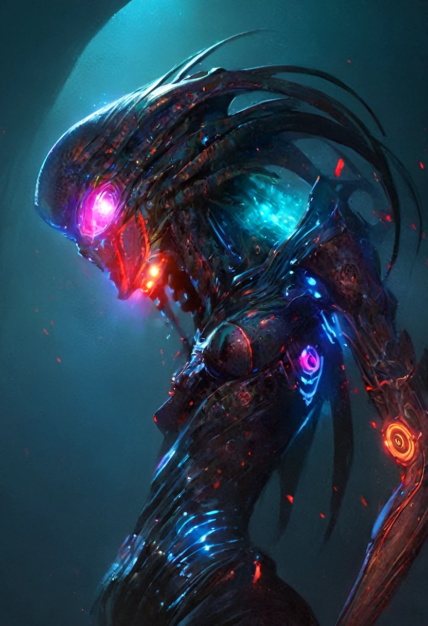 The prompt for the given theme is: "black color, ram's head, Death's scythe, infernal horror, overlooking, tattered clothes, downward gaze, illustrations, highres, ultra-detailed, dark fantasy, sharp focus, vivid colors, dramatic lighting, bokeh". female robot pilot, mechanical creature, electronic wires relays computer nerves, girl face, dystopian surrealism, alex ries zdzisaw beksinski giger, very intricate details, demon chinese female, deep luminous eyes contain galaxies, head contains nebula, deep aesthetic, concept art, carved silver circuits diodes resistors semiconductors, highly ornate