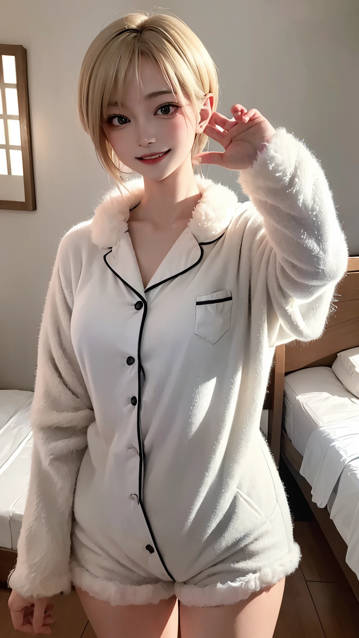 (masterpiece, highest quality, highest quality, Official Art, beautifully、aesthetic:1.2, Cinema Lighting、Key light at 45 degrees from the front, Subsidy light、Soft Backlight), Realistic depiction、photograph、
Beautiful face、Perfect round ass、the body is slim、Fit and body、Pale skin、Shiny, Bright Eyes、length eyelashes、
1 girl、alone、
accurate to the human body、Correct five-finger、Perfect human body、Knowledgeable person、Highly detailed face and skin texture、Natural neck length、(beautiful Hands)、beautiful, length, Thin legs、straighten both legs、Stretch out your arms、
Perfect human body、Accurate human body、A perfect and accurate left hand、A perfect and accurate right hand、Perfect and precise fingers、
,Earrings,Big cleavage、
slim, (kind, Goddess-like eyes, happiness: 1.2), (Lip gloss, eyelash, Terrible face, highest quality, Ultra-high resolution, Wide Lighting, Natural Shading), Absolute area、
(((All of these pajamas are made from super fluffy fleece material.:1.8, zetai ryoiki, All of these pajamas are made from super fluffy fleece material. Mini shorts:1.3, Thick white horizontal stripes))),
Detailed Background、
Background Blur、Detailed and beautiful background
((Random hand gestures)),
(Blonde pixie short hair:1.3)、
Accurate 5-finger、Accurate human body、The perfect human body、
A room with a living feel、(((Big Breasts))),Dark bedroom、Luxury Love Hotel、Bold Pose、Sexy、Sensually、Ecstatic Face、To be spoiled and fawning、Wide legged、(Sensual ecstatic smile:1.5)