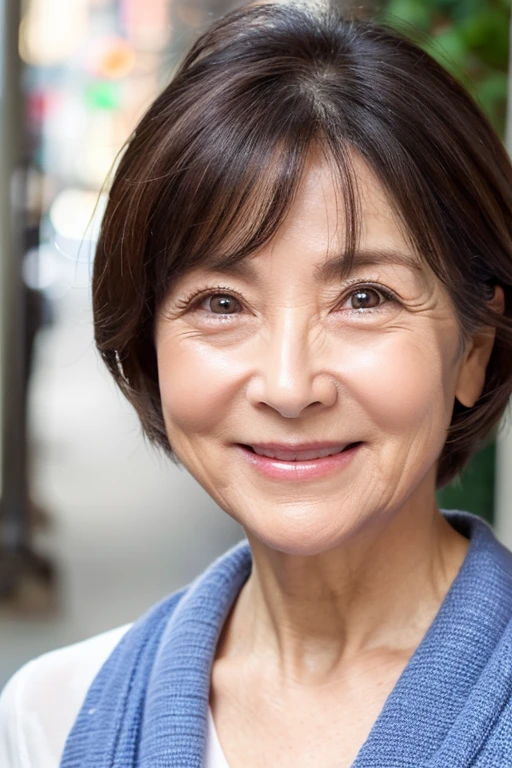 (50 years old) , woman, big cute eyes, nasolabial folds, facial wrinkles, smile