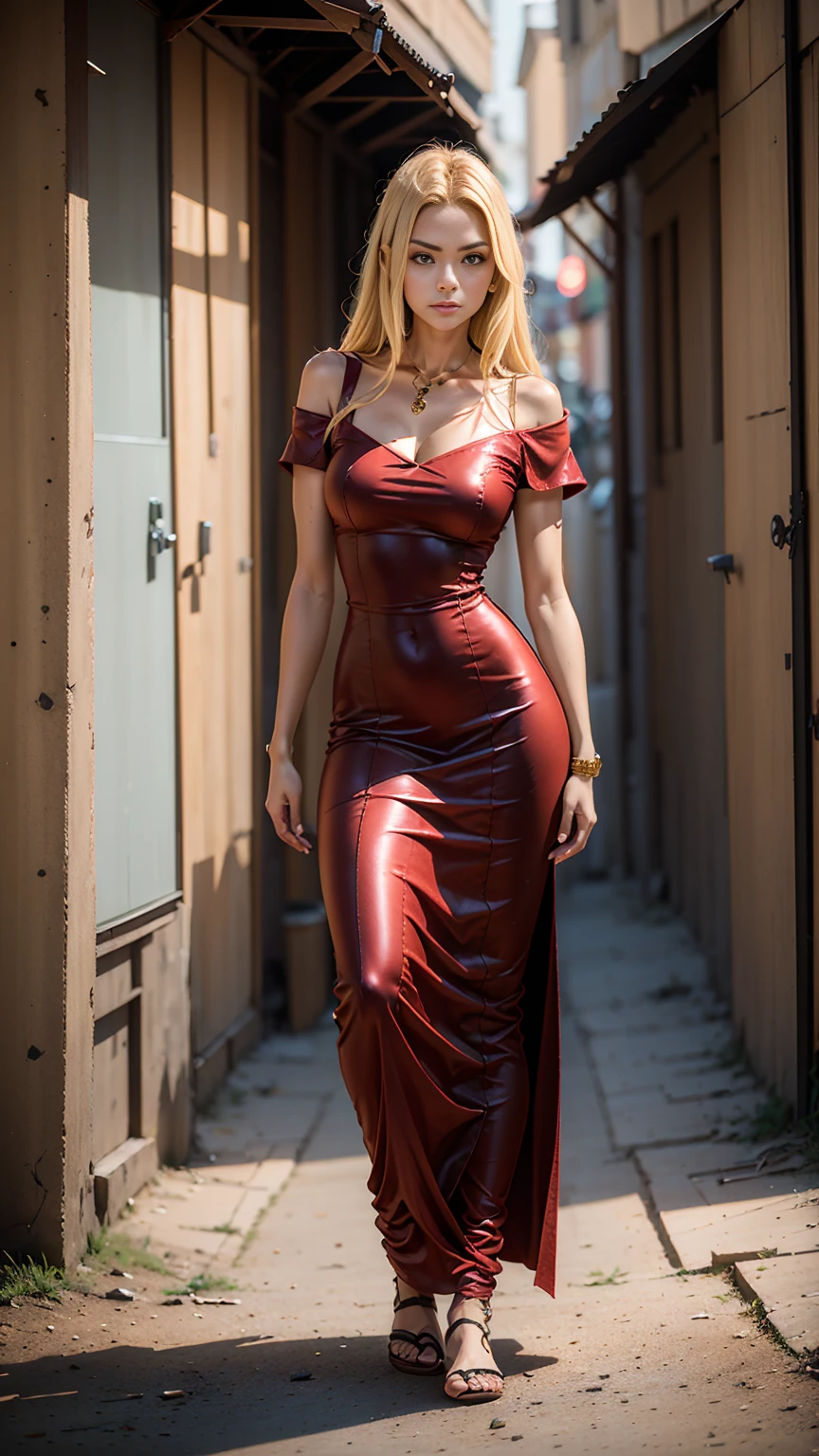 ((full-length photo, standing, feet on the ground))goldhair, red dress, samurai, blur background, future realistic, half body, textured skin, super detail, high details, best quality, highres, 8k 