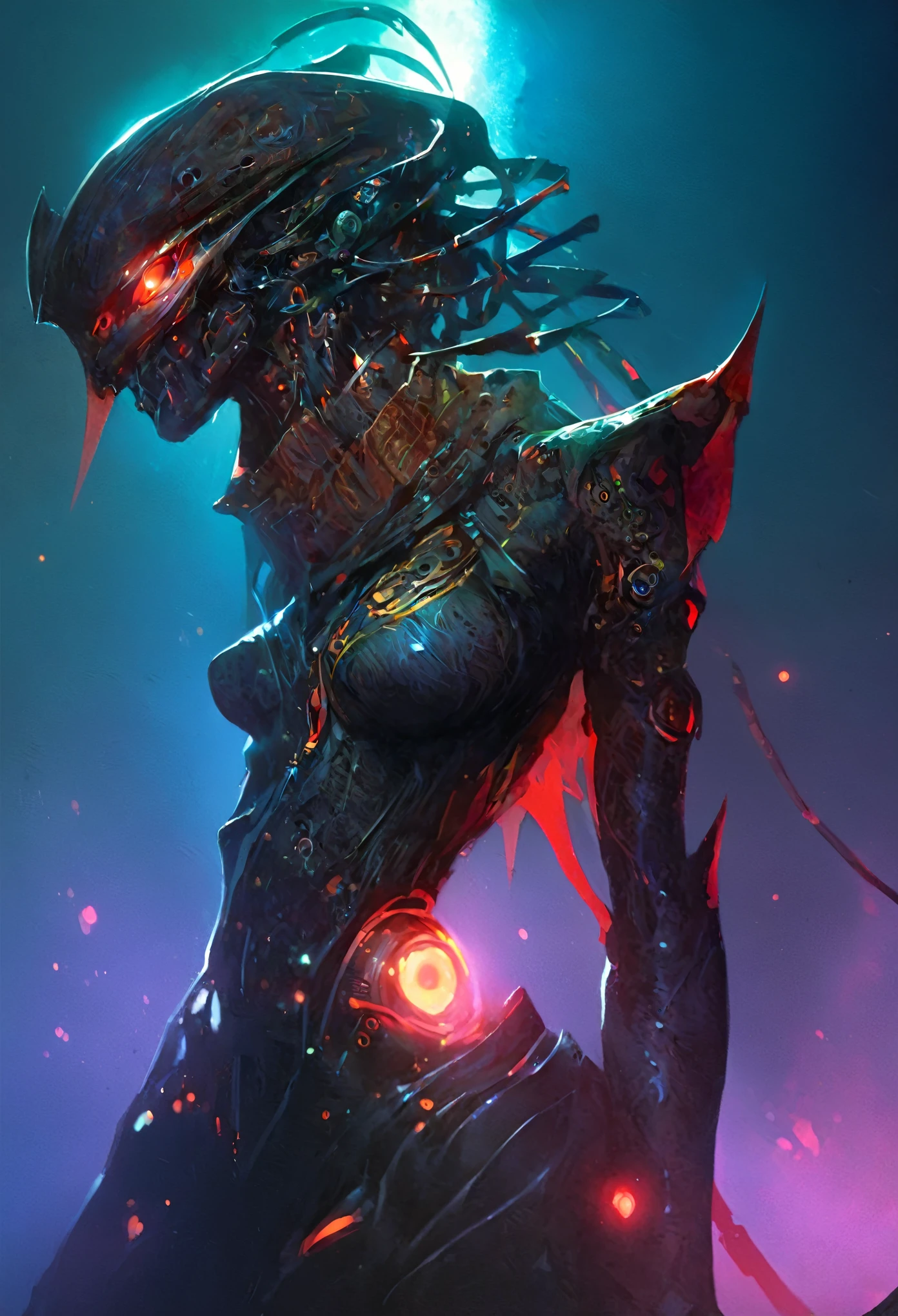 The prompt for the given theme is: "black color, ram's head, Death's scythe, infernal horror, overlooking, tattered clothes, downward gaze, illustrations, highres, ultra-detailed, dark fantasy, sharp focus, vivid colors, dramatic lighting, bokeh". female robot pilot, mechanical creature, electronic wires relays computer nerves, girl face, dystopian surrealism, alex ries zdzisaw beksinski giger, very intricate details, demon chinese female, deep luminous eyes contain galaxies, head contains nebula, deep aesthetic, concept art, carved silver circuits diodes resistors semiconductors, highly ornate