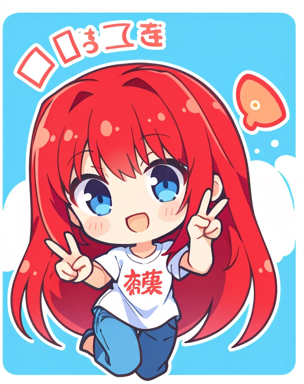 Chibi, portrait of Aozaki Aoko, wavy eyes, smile, hand peace sign, no motion, blue eyes, bangs, red hair, long hair, white shirt, jeans