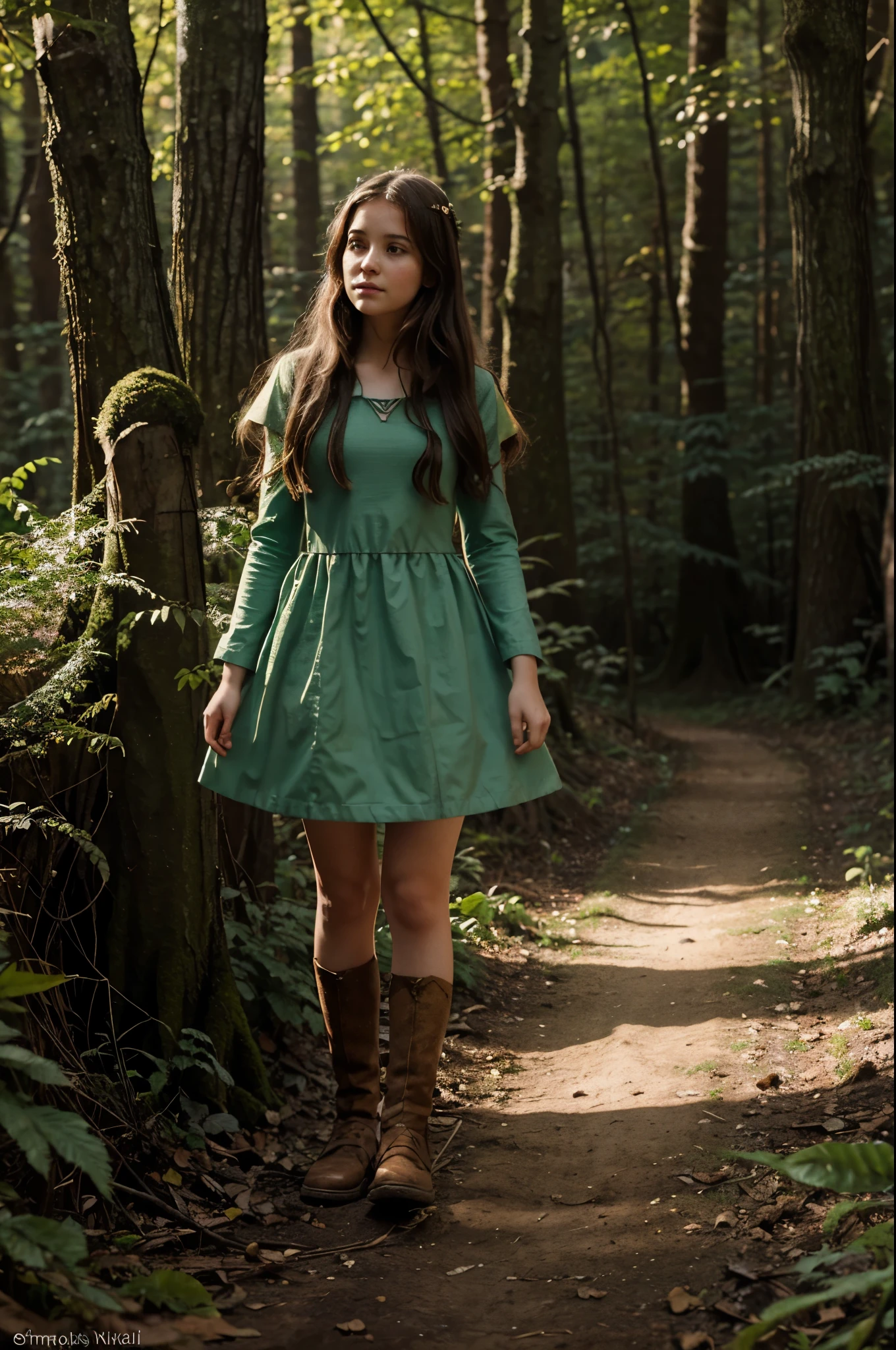 Illustration for a fairy tale about a girl, standing in the forest, can talk to animals.