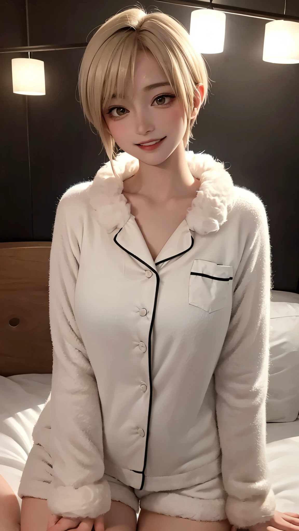 (masterpiece, highest quality, highest quality, Official Art, beautifully、aesthetic:1.2, Cinema Lighting、Key light at 45 degrees from the front, Subsidy light、Soft Backlight), Realistic depiction、photograph、Realistic portrayal、super real、RAW quality、


Beautiful face、Perfect round ass、the body is slim、Fit and body、Pale skin、Shiny, Bright Eyes、length eyelashes、
1 girl、alone、

accurate to the human body、Correct five-finger、Perfect human body、Knowledgeable person、Highly detailed face and skin texture、Natural neck length、(beautiful Hands)、beautiful, length, Thin legs、straighten both legs、Stretch out your arms、
Perfect human body、Accurate human body、A perfect and accurate left hand、A perfect and accurate right hand、Perfect and precise fingers、


,Earrings,Big cleavage、

slim, (kind, Goddess-like eyes, happiness: 1.2), (Lip gloss, eyelash, Terrible face, highest quality, Ultra-high resolution, Wide Lighting, Natural Shading), Absolute area、

(((All of these pajamas are made from super fluffy fleece material.:1.8, zetai ryoiki, All of these pajamas are made from super fluffy fleece material.  Mini shorts:1.3, Thick white horizontal stripes))), 

Detailed Background、
Background Blur、Detailed and beautiful background


 ((Random hand gestures)), 
(Blonde pixie short hair:1.3)、
Accurate 5-finger、Accurate human body、The perfect human body、

A room with a living feel、(((Big Breasts))),Dark bedroom、Luxury Love Hotel、Bold Pose、Sexy、Sensually、Ecstatic Face、To be spoiled and fawning、Wide legged、(Sensual ecstatic smile:1.5)