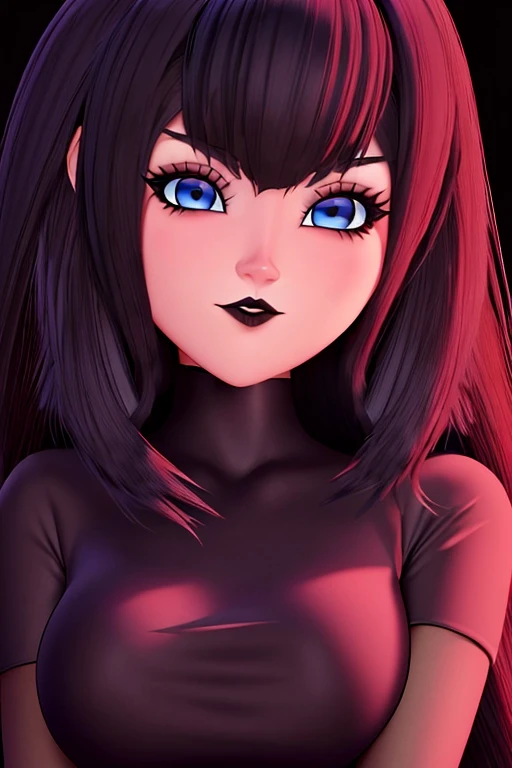 20 year old woman , lenceria, perfect asymmetrical face and detailed eyes 3D slender figure big oppais long hair, pose sexy , y mirando al espectador, imagen perfecta para wallpaper fanart, gothic makeup voluminous and red lips