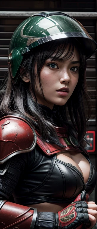 Best image quality, Excellent details, Ultra-high resolution, (realism: 1.4), Best Illustration, Loved the details, Highly concentrated 1girl, Beautiful face, Wearing black and green armor, Wearing a mecha helmet, Hold the directional controller, Riding a red motorcycle, The background is a high-tech light scene from Dotonbori, Osaka. vitality, Red Helmet,Lingerie show