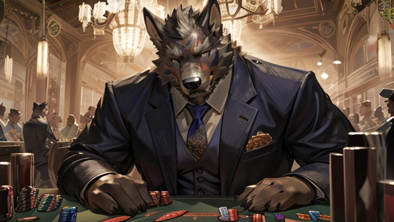 posted on e621 (by Chunie), furry, male, anthro, solo, (Realistic eye details:1.2), (beautiful detailed eyes), anime character there is a Blaidd (Elden Ring) male, casino, Black suit, Red tie, win the game, Playing Poker Texas hold'em, Five-card draw, Omaha hold'em), the place is busy with people around the casino, perfect anatomy, realistic anatomy, full body like, slim body, good looking, anime style, 8k, 4k anime wallpaper, anime art wallpaper 8 k, 2 d art, 2d art, anime art wallpaper 4k, detail art