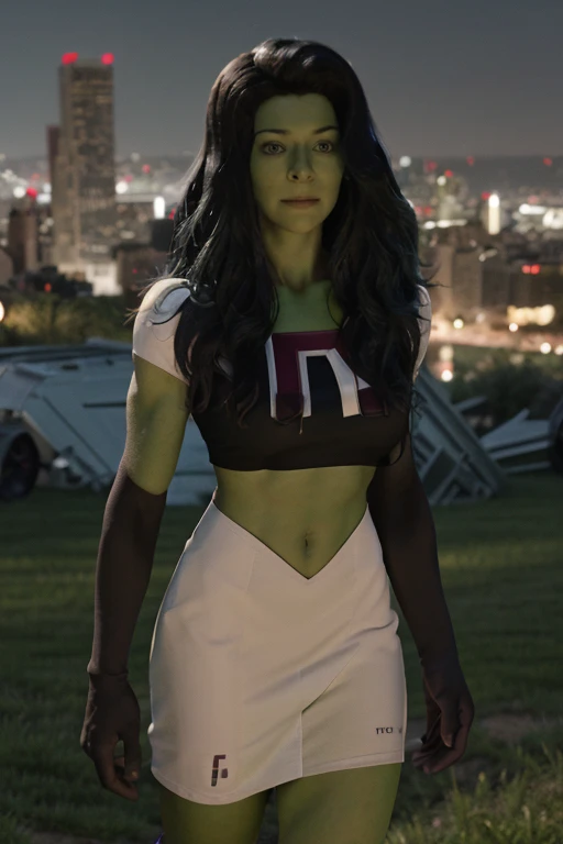 tatmshlk , team rocket,team rocket uniform, red letter R, white skirt,white crop top,black thigh-high boots, black elbow gloves, sinister villianess look, looking down on viewer, arms folded, on night, central park, upper body view