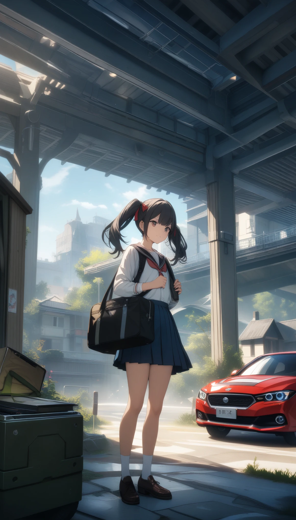 32k, best quality, ultra high res, HDR, UHD, extremely detailed CG, unity 32k wallpaper, One girl, Are standing, deadline_hideadlinex style, Home, , school bag, Twin tails, car, carrying bag,