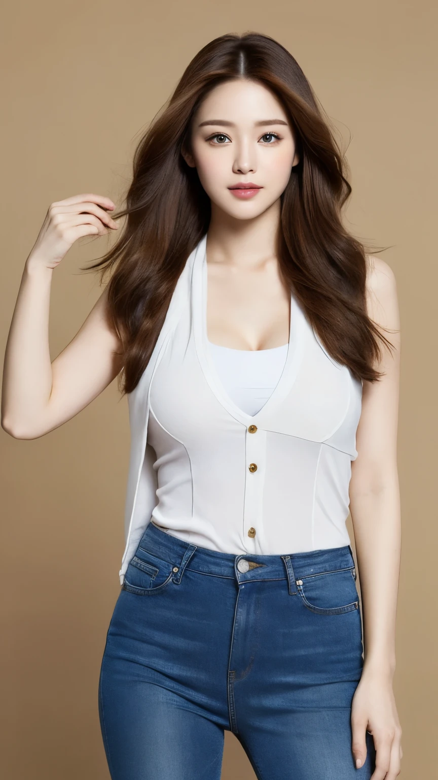 (lifelike, High resolution:1.3), 1 girl with perfect figure, The face shape and eyes are super delicate,Long hair, random color vest:1.2, Short jeans, Big howing cleavage,limbs,legs spread,