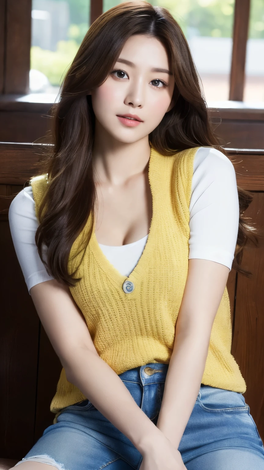 (lifelike, High resolution:1.3), 1 girl with perfect figure, The face shape and eyes are super delicate,Long hair, random color vest:1.2, Short jeans, Big howing cleavage,limbs,legs spread,