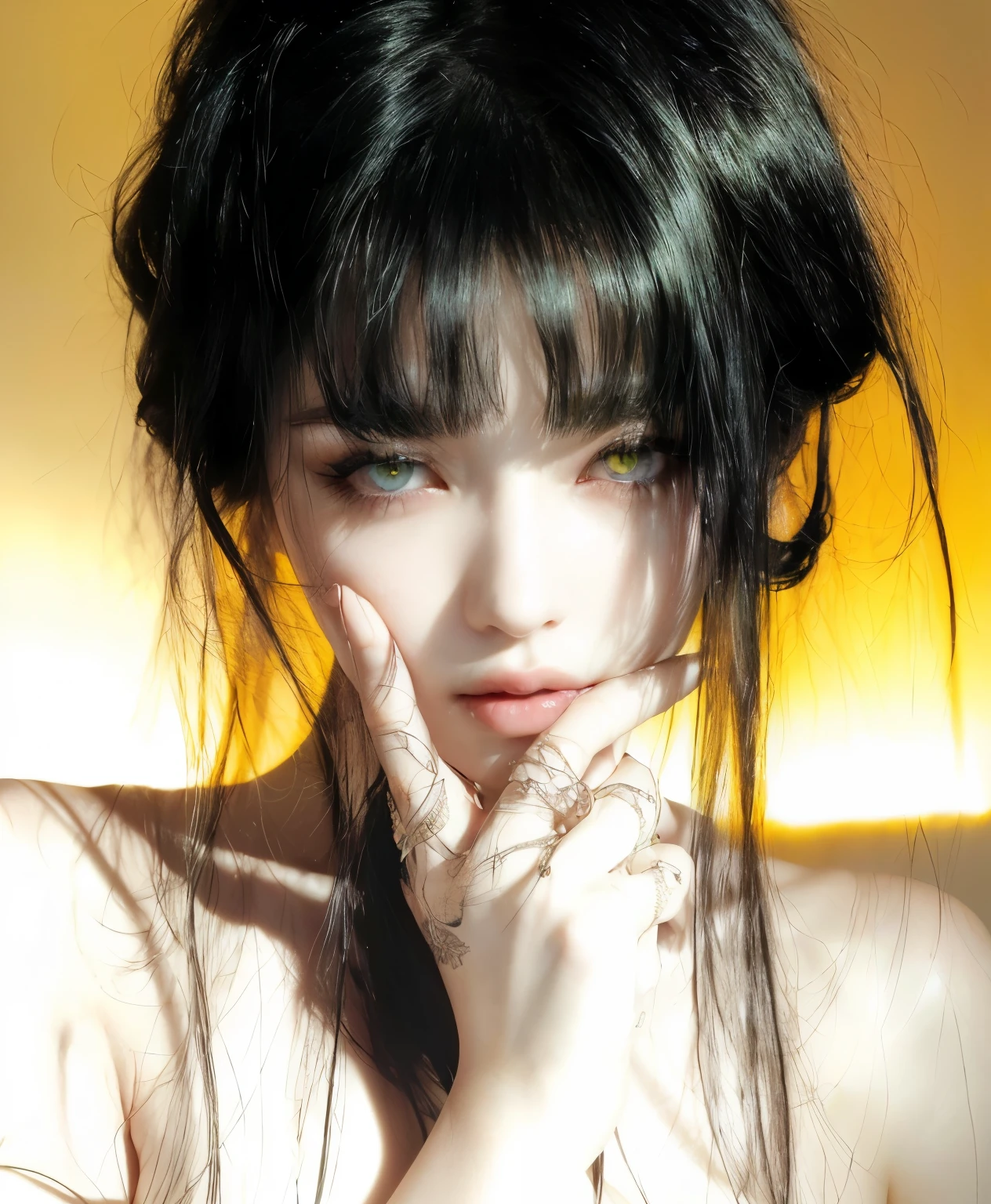 Mujer arafed con cabello negro y ojos verdes posando para una foto., con ojos angustiados y cabello oscuro, pale gothic beauty, sensual expression, con pelo largo y ojos penetrantes, cara bonita de pelo negro, pale and beautiful skin, sui ishida con cabello negro, jingna zhang, cara linda. dark fantasy, pale ivory skin, pale skin and dark eyes