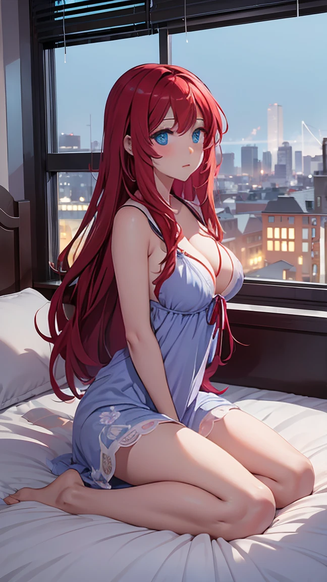 ((best quality)), ((masterpiece)), (detailed), perfect face, perfect body, 1girl, red long hair, cyan eyes, ((nightgown)), the girl lying on the bed and show up her boobies, Seeing the girl front body, the girl lying on the bed of bedroom hotel and opening her legs to show up her pussy, windows from hotel bedroom showing the city night in background